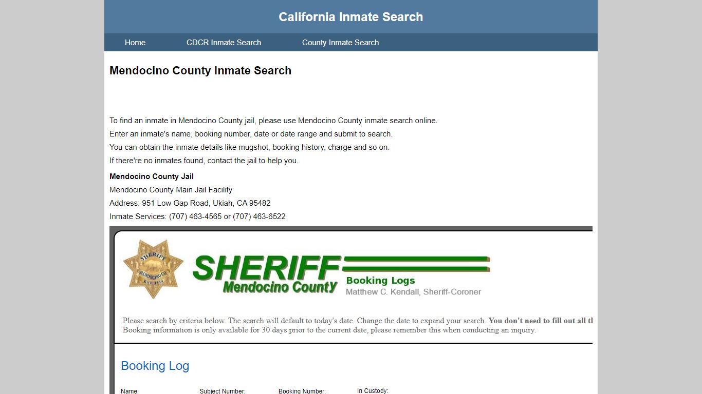 Mendocino County Inmate Search