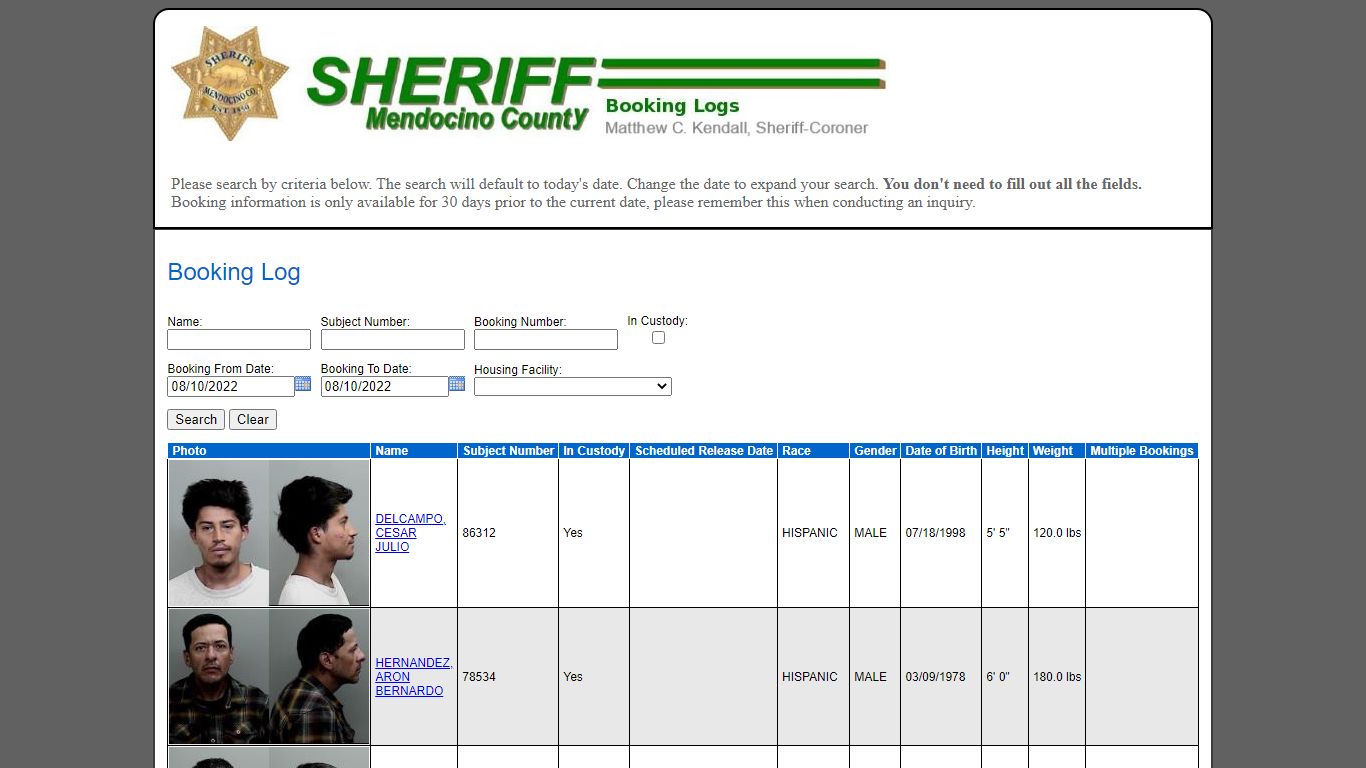 Booking Log - Mendocino County Sheriff's Office